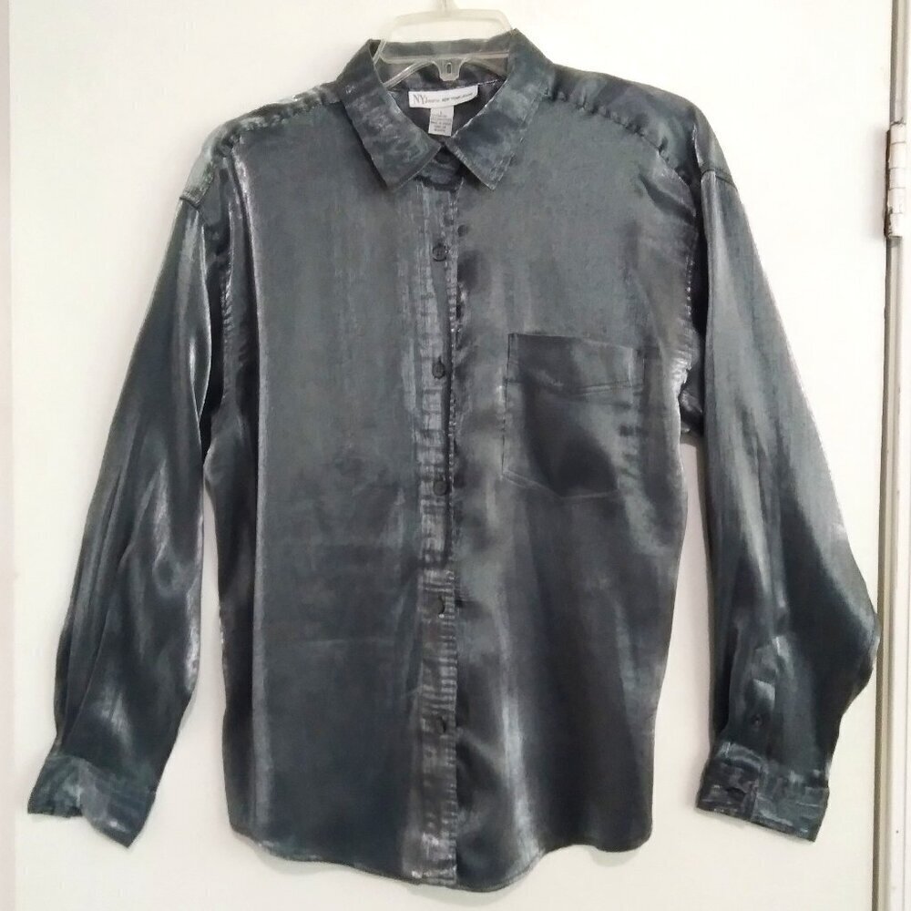 Vintage Super Shiny Metallic Grey Button Down Dressy Shirt with Pocket Sz Lg